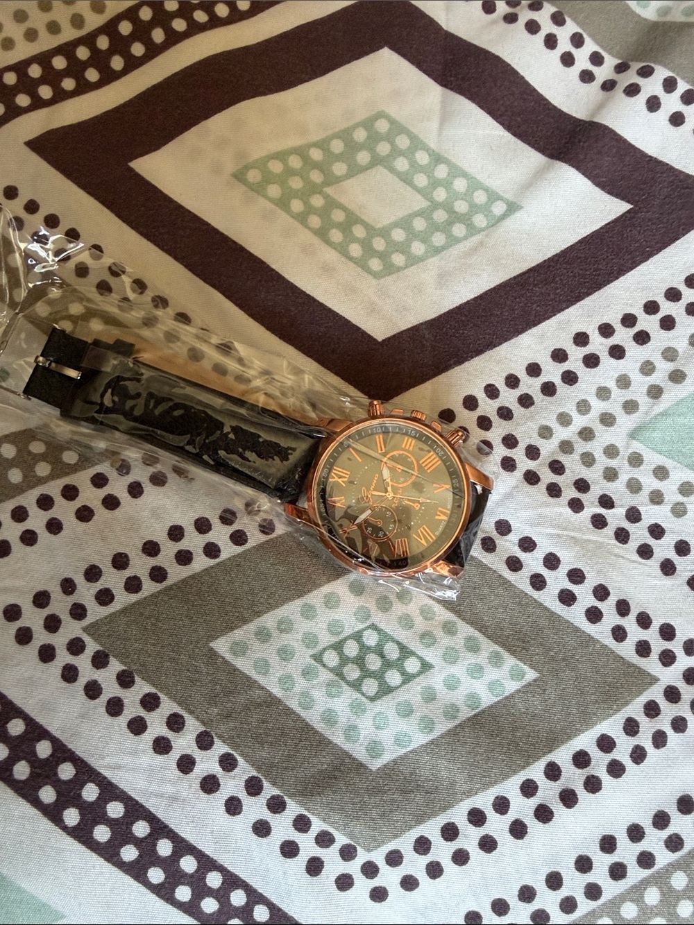 Men's Rose Gold Case Black Strap Chronograph Watch